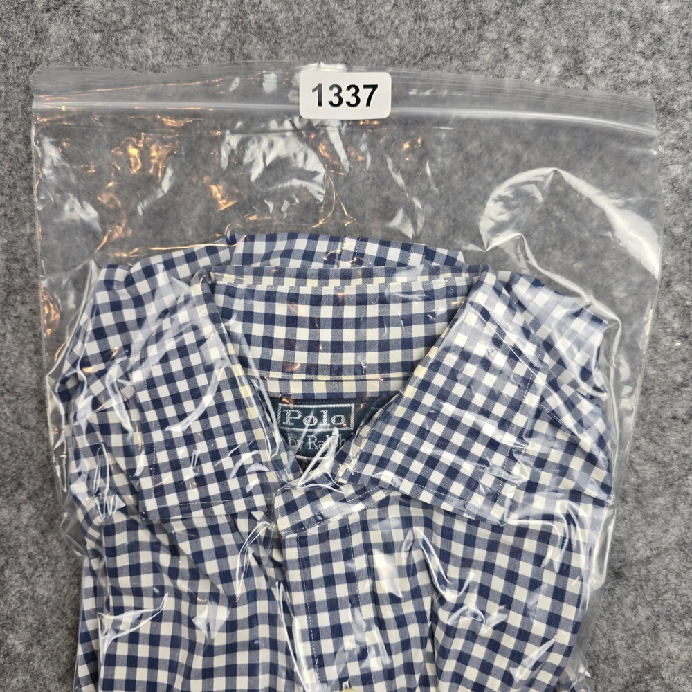 Polo Ralph Lauren Men Gingham Shirt Navy Blue White Custom Fit 15.5 34/35 Cotton - Picture 9 of 9